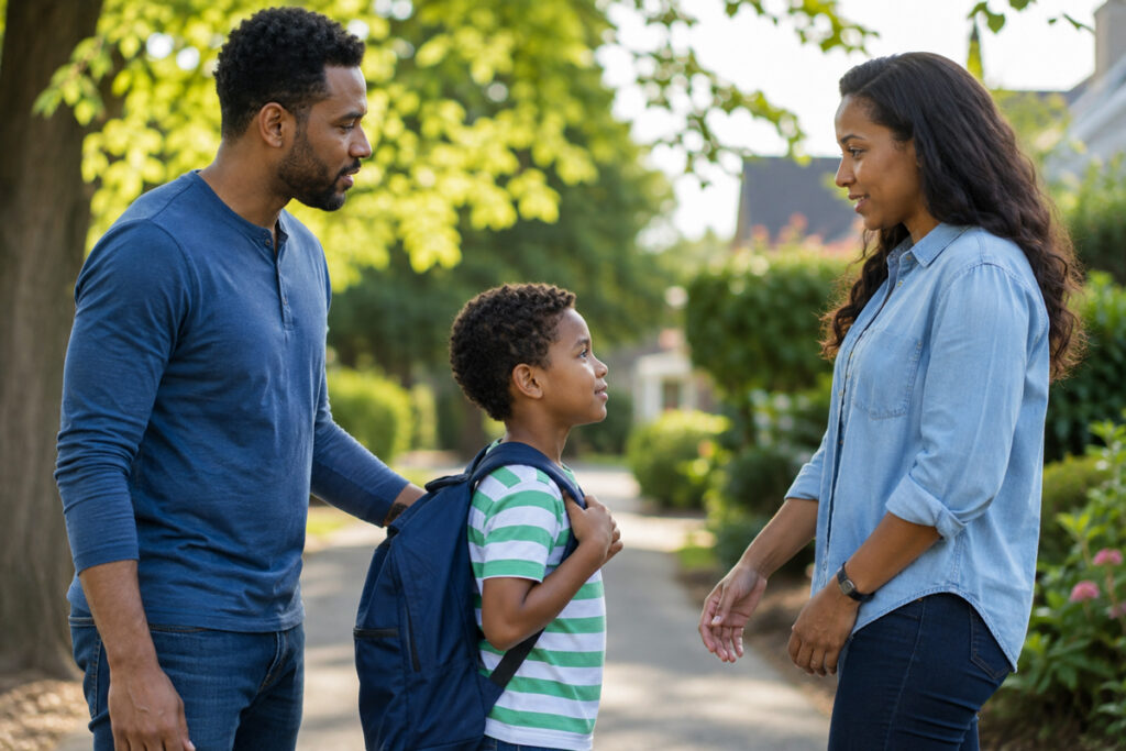 Co-parents supporting their child together while adjusting to life after divorce