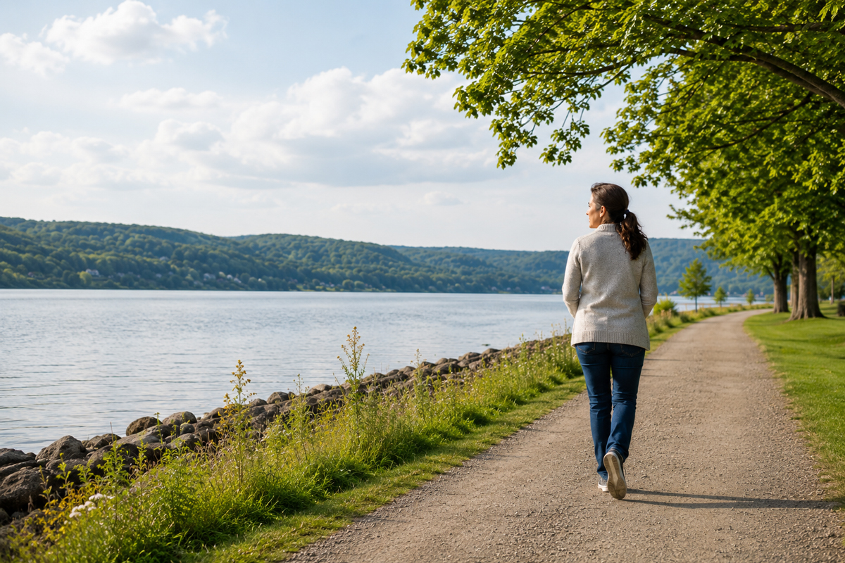 Woman walking along a lakeside path, reflecting on divorce as a life transition