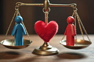 Balanced scale with two figures and a heart symbolizing a compassionate, balanced approach to divorce mediation