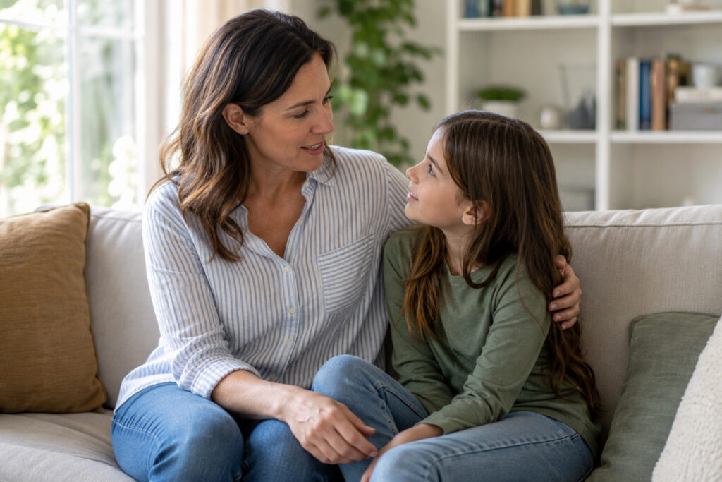 Mother reassuring her daughter during a calm conversation about family changes