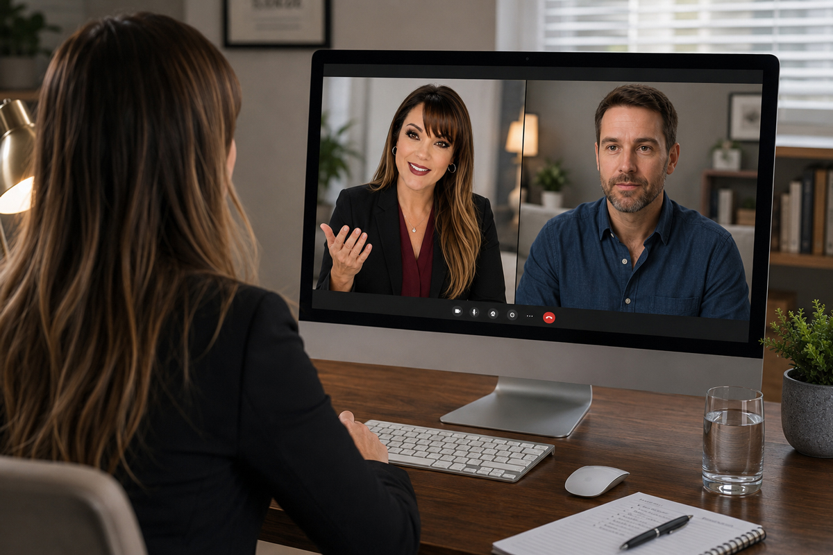 Woman participating in a virtual divorce mediation session with Michaele Gantz and her spouse online